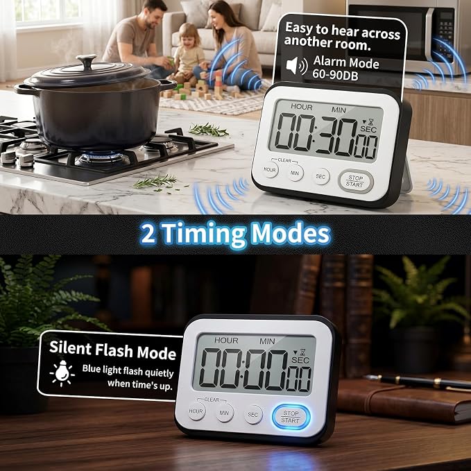 Digital Kitchen Timer Magnetic Loud Alarm & Silent Flashing, Large LCD Display Countdown Clock for Cooking, Classroom, Teachers, Kids, Study, Workout, Black