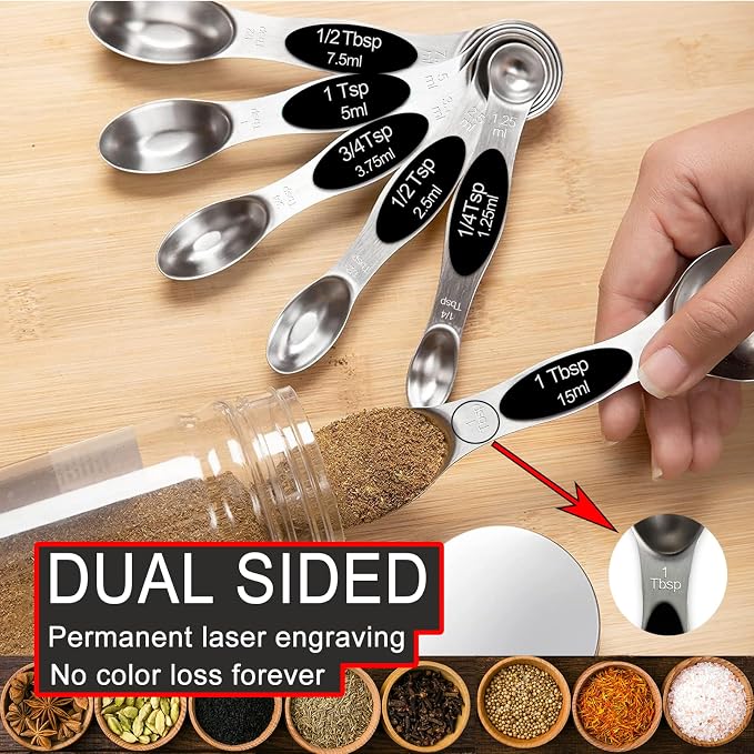 Magnetic Measuring Spoons Set,Heavy Duty Stainless Steel,Dual Sided Stackable Measuring Spoons Nesting Teaspoons Tablespoons for Measuring Dry and Liquid Ingredients,Set of 9 (Black)