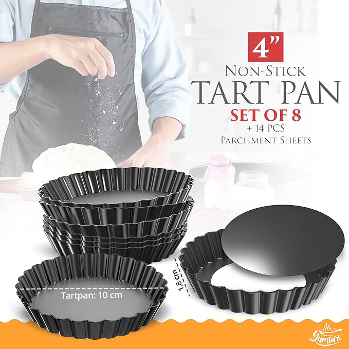 4 Inch Round Tart Pan 8 Pieces, False Bottom Pie Pan, Deep Fluted Tart and Quiche Pan with Removable Bottom - Non-Stick Tart Pan