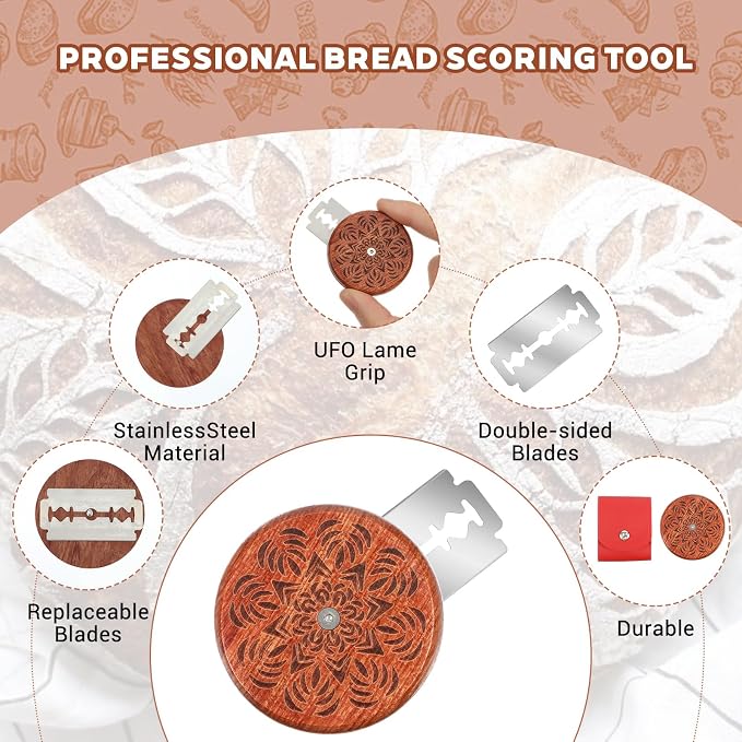 Gjinxi Bread Lame Sourdough Scoring Tool, Wooden Dough Scoring Knife with 5 Razor Blades, Ergonomic UFO Bread Lame Knives Sourdough Razor Scorer Breads Bakers Slashing Baking Tool