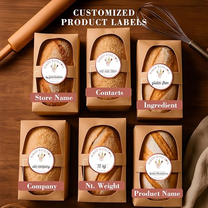 Mobiusea Creation Rosegold Baked with Love Stickers | 2 Inch 300pcs Packaging Labels for Baked Goods, Bakery Label Roll, Bread Sticker, Cookie Packaging & Baking Business Essentials