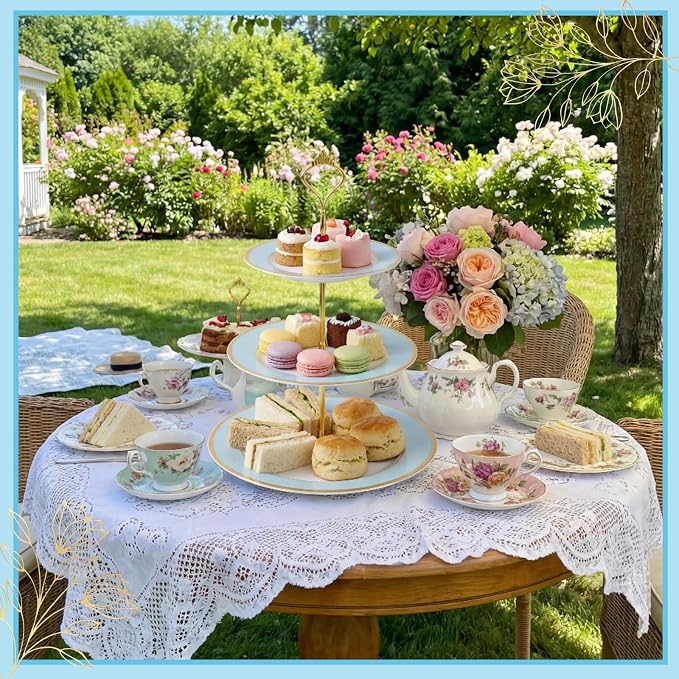 CHENGU 3 Tier Cupcake Stand Blue Ceramic with Gold Frame, 10" 9" 7" Dessert Tower for Baby Shower Birthday Wedding Tea Party, Tiered Cake Holder Display for Cupcakes Pastries Fruits
