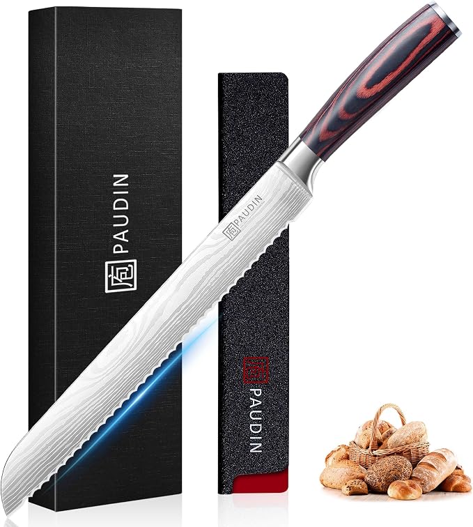 PAUDIN Bread Knife, 10 inch Serrated Knife, German Stainless Steel Bread Knife for Homemade Bread, Razor Sharp Edge for Efficient Slicing Sourdough Bread, Bagels, Cake