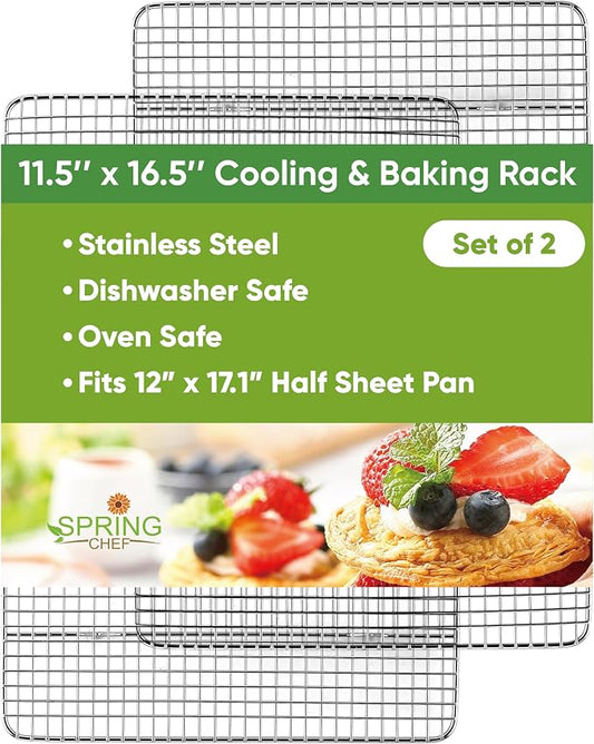 Spring Chef 11.5 x 16.5 Inch Stainless Steel Cooling Racks for Cooling & Baking - Oven Safe - Wire Roasting Racks for Oven Use - Fits Half Sheet Cookie Pan - Dishwasher Safe - Set of 2