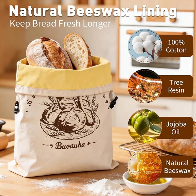 2 Pack Beeswax Bread Bags for Sourdough Homemade Bread – 17x13 Inch XL, Reusable Bread Storage Bags with Natural Cotton & Beeswax Lining to Keep Loaves Fresh, Freezer Safe