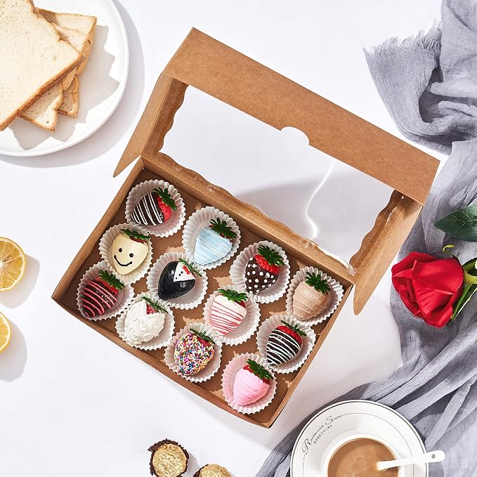 48PCS 10 x 7 x 2.5 inches Premium Bakery Boxes for Cookies Boxes, Strawberries Boxes with Clear Window, Brown Natural Kraft Paper Box