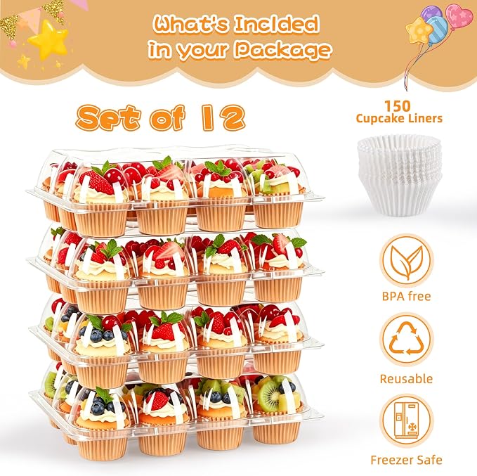 12 Pack x 12 Sets Plastic Cupcake Containers, Stackable Cupcake Boxes Holders with Tall Dome Lid, Disposable Clear Cupcake Carrier Trays for Bakery Transport