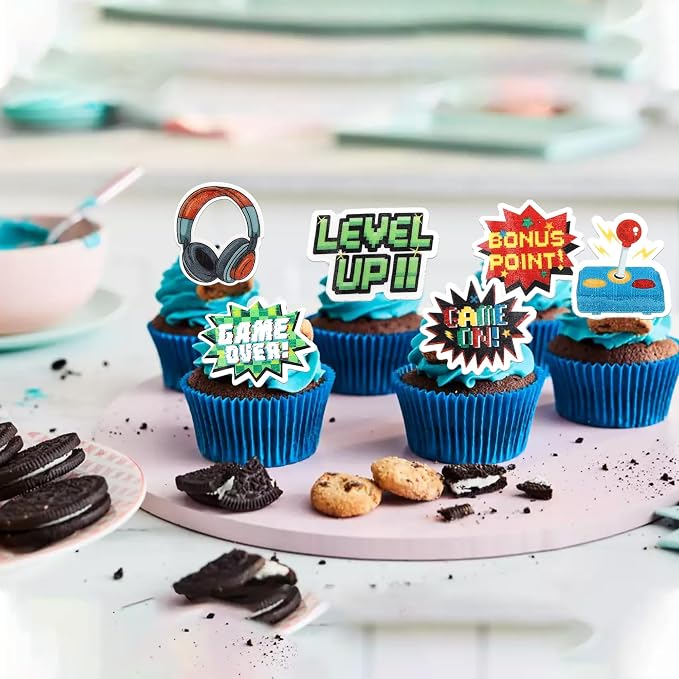 56 PCS Edible Video Game Cupcake Toppers Wafer Paper Game On Controllers Cupcake Picks Edible GamePad Cake Decorations for Game Theme Baby Shower Kids Boys Gamer Birthday Anniversary Party Supplies