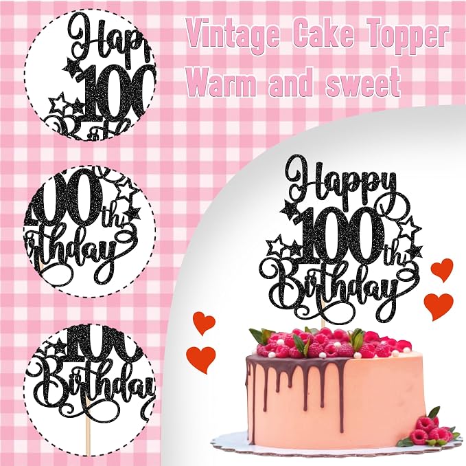 1 PCS Happy 100th Birthday Cake Topper - Glitter Cheers to 100 Years Cake Pick - Hello 100 Fabulous Cake Decoration for Anniversary Party Supplies - Black