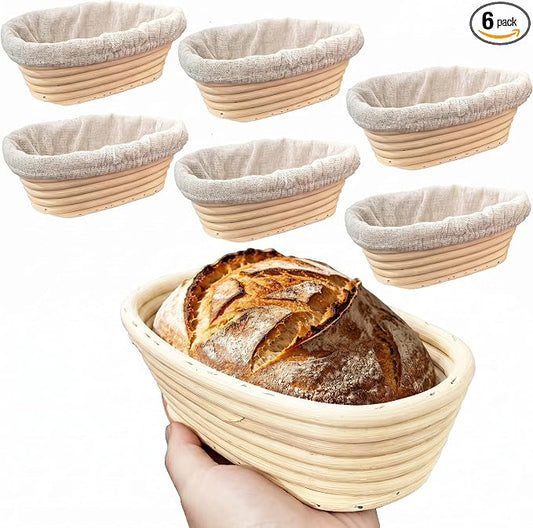 6 Pack 6.5 Inch Oval Bread Proofing Basket,Banneton Basket Bread Baking Bowl with Linen Liner Cloth, for Professional & Home Bakers Baking
