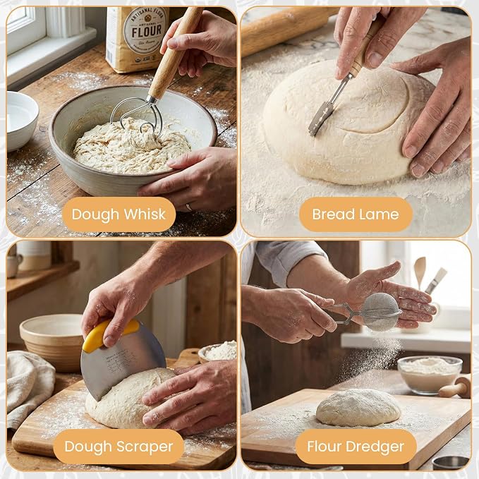 Sourdough Starter Kit with Round & Oval Banneton Bread Proofing Basket, Complete Sourdough bread baking supplies with Sling, Starter Jar, Dough Whisk, Scrapers, Stencils & Bags for Bakers Women Wife