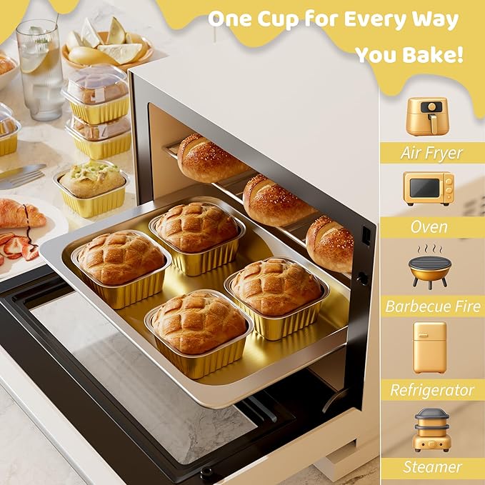 40 Pack 5 OZ Mini Cake Pans with Lids, Disposable Square Aluminum Foil Brownie Baking Cups, Mini Aluminum Foil Cupcake Muffin Tin Ramekins, Flan Molds Cake Containers for Wedding Birthday Party,Gold