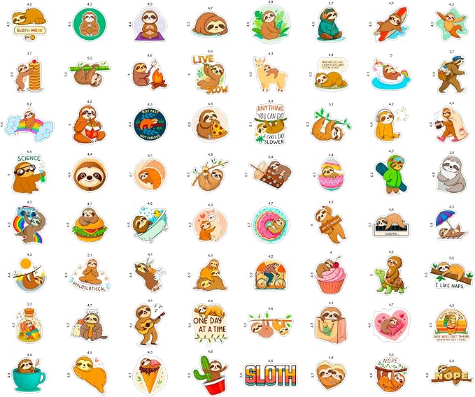 100Pcs Sloth Stickers and Decals for Water Bottle, Laptop - Sloth Gifts, Party Supplies & Decorations - Gift for Women & Men