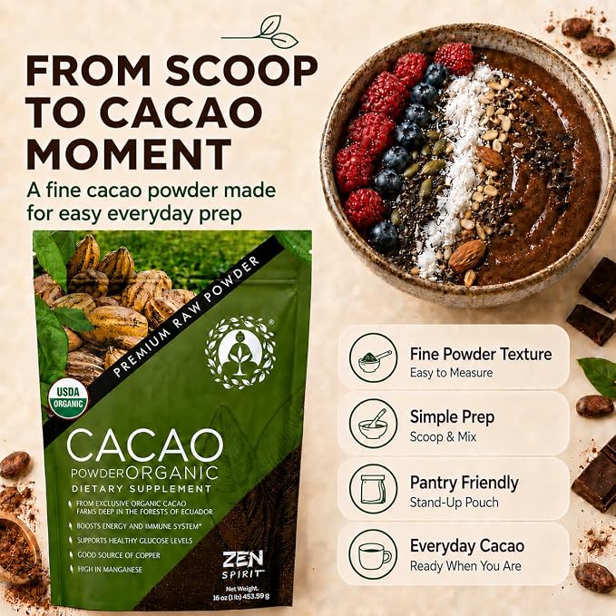 Cacao Powder Organic - 1 Pound - Unsweetened Premium Grade Superfood (Raw) - USDA & Vegan Certified - Perfect for Keto, Breakfast, Hot Chocolate, Baking & Ice Cream. (Cacao Powder (1 LB))