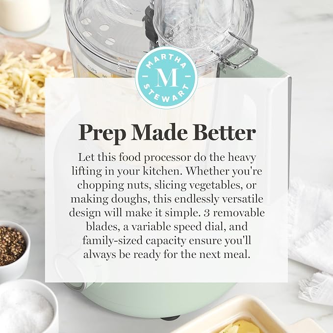 Martha Stewart Food Processor, 10-Cup Electric Chopper for Slicing, Shredding, Mincing and Puree, BPA-Free Twist & Lock Bowl, 3 Multipurpose Blades, Variable Speed Dial, Wide Feed Chute, Honeydew
