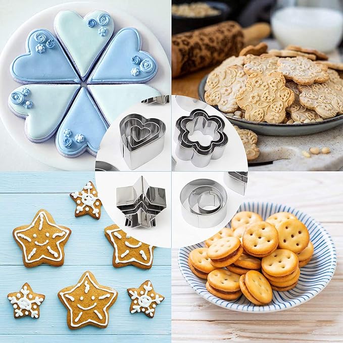 24 Pcs Geometric Shapes Cutters Set, DIY Stainless Steel Metal Cookie Cutters, Star Flower Hexagon Round Heart Square Triangle Oval Stainless Steel Cutter for Baking Small Cookie Cutters