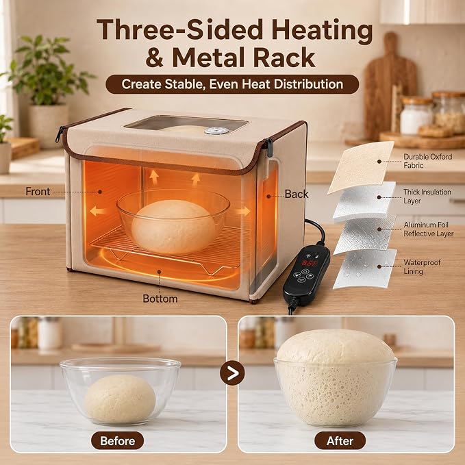 Folding Bread Proofing Box Dough Proofer Sourdough Starter Warmer with 32–108℉ Precision Temperature Control 24H Timer 3-Sided Heating Humidity Monitor 15.7×11.8×11.8in 65W