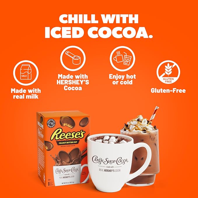 Candy Shop Cocoa REESE’S Iced Cocoa Mix, 1.25 oz, 24 Pack | REESE’S cocoa mix with rich chocolate and peanut butter flavor; just add water for smooth, creamy hot or iced drinks anytime