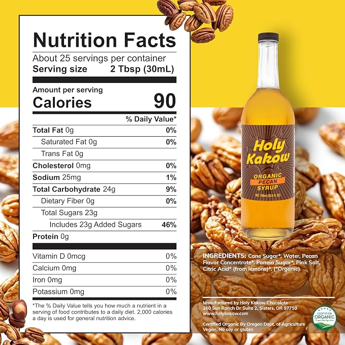 Holy Kakow Cafe Organic Pecan Syrup - Pecan Syrup, Coffee Syrup, Organic Syrup For Coffee, Syrup For Coffee, Add To Latte, Cocktail And Shake, Real Food Ingredients, Specific Flavor - 750Ml