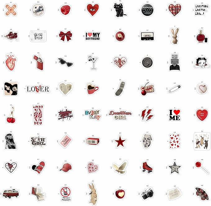 100Pcs Red Aesthetic Stickers - Cool Y2K Stickers for Water Battle, Laptop - Downtown Girl Party Supplies, Decoration