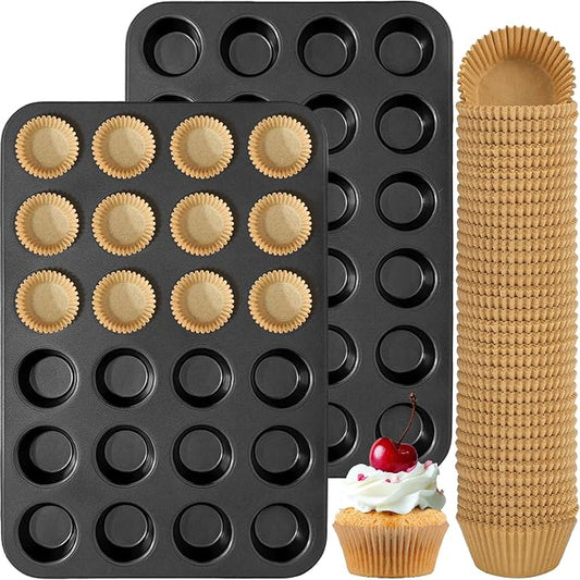 2 Pack Mini Muffin Pan includes 1000 Natural Cupcake Liners, Mini Cupcake Pans Muffin Tin Nonstick 24 Cup, Carbon Steel Baking Pans Tray Baking Supplies