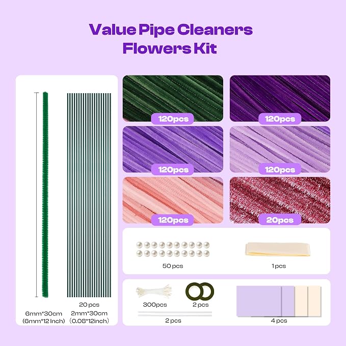 Caydo 700PCS Pipe Cleaner Flower Kit, Purple Craft Chenille Stems Bulk with Floral Wires, Ribbons, Tapes, Stamens, Glue Sticks for Making Pipe Cleaner Bouquets