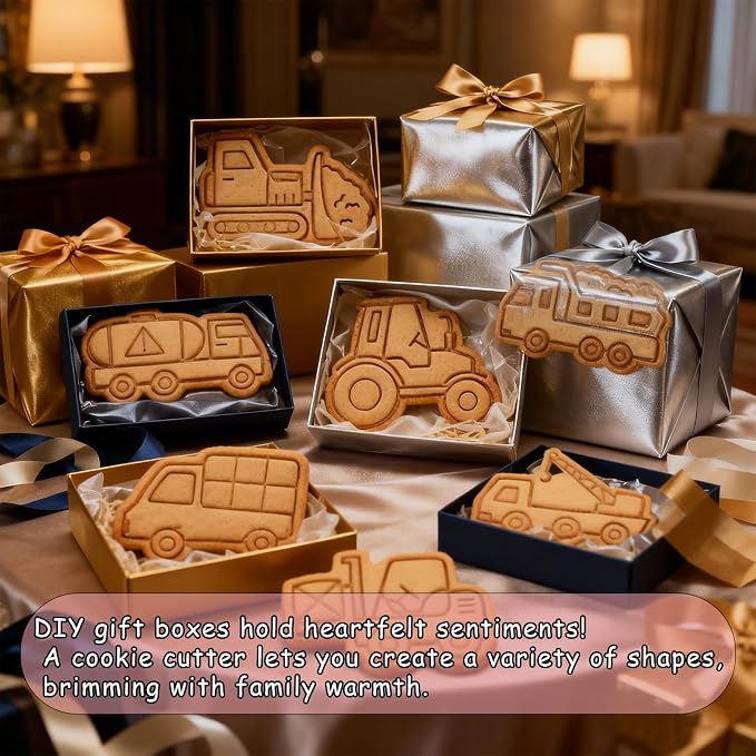 8 Pcs Construction Vehicle Themed Cookie Cutters Set Cute 3D Cartoon Excavators Bulldozers Biscuit Cookie Stamps for Party Cookie Baking Frosting Decoration Fondant Muffins Cheese Mousse