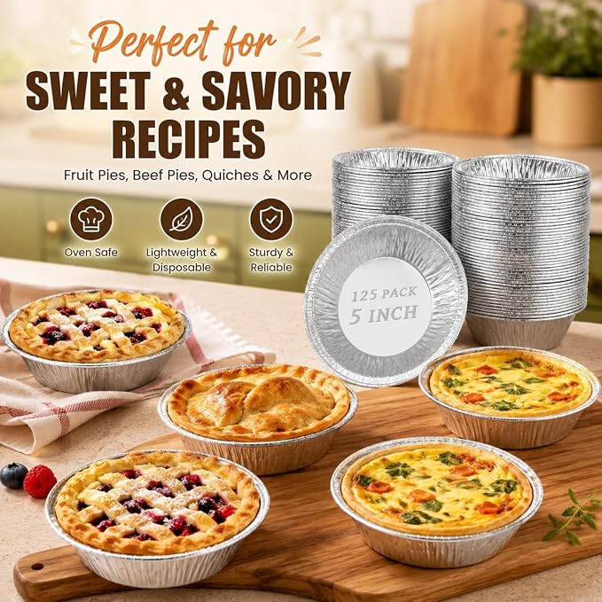 RHBLME 125 PACK Mini Pie Tins, 5 Inch Aluminum Foil Pie Pans Heavy Duty Small Pie Tins, Pot Pie Pans For Bakeries, Cafes, Restaurants, Durable Mini Tart Pans for Pie, Fruit Tarts, Quiche
