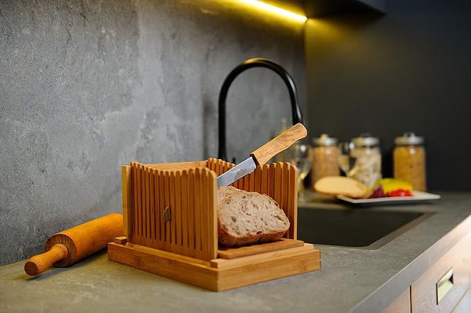 GloBamboo Bamboo Bread Slicer with Cutting Board For Homemade Bread, Adjustable, Compact, Foldable and Customizable Loaf/Cakes/Bagel Slicer, 3 Slice Sizes with Serving and Crumb Catcher Tray