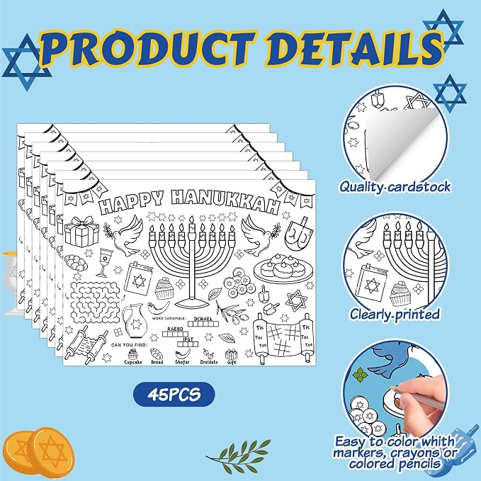 45pcs Hanukkah Disposable Coloring Placemats Hanukkah Crafts for Kids Coloring Poster Party Supplies School Classroom Activities Paper Table Mats