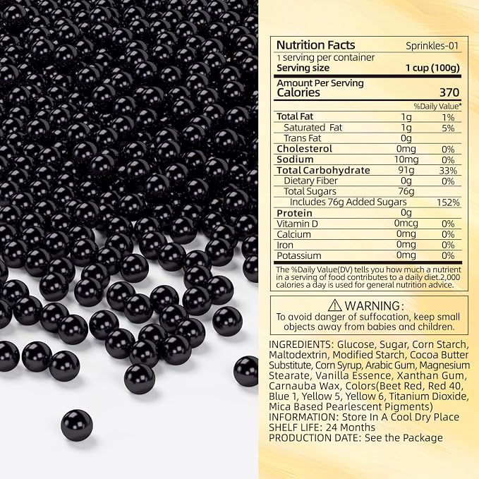 Bayep Edible Pearls for Cake Decorating 7mm Black Sprinkles for Cookies, Baking, Ice Cream, Cupcake Topper Pearl Sprinkles Perfect for Wedding Party Valentines Christmas Holiday Supplies 3.52 Ounce