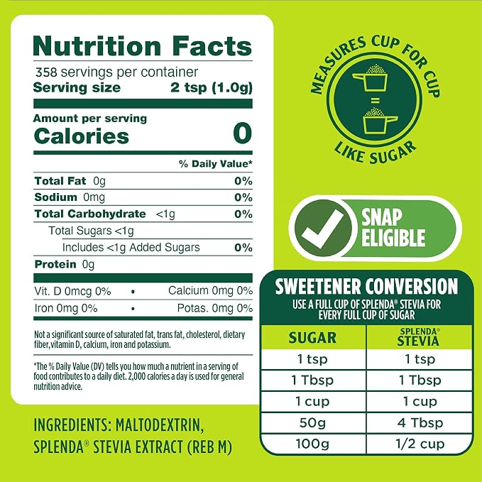 SPLENDA Stevia Zero Calorie Sweetener for Baking, Plant Based Sugar Substitute Granulated Powder, Resealable Twin Pack Bags, 25.22 Ounce (Each Pouch: 12.61 oz)