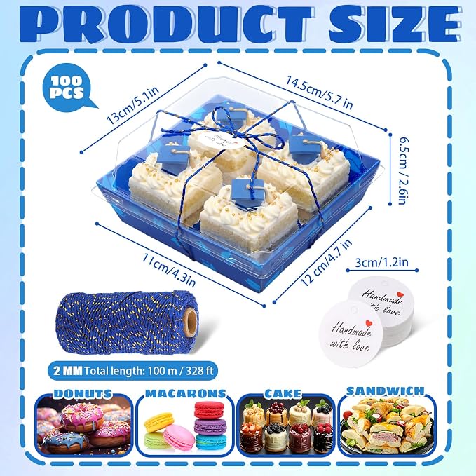 Outus 100 Pack Graduation Party Paper Food Containers Blue Charcuterie Boxes with Clear Lids, 5.7 x 5.1 '' Graduation Party Supplies Cake Take out Bakery Boxes with Gift Tags Rope for Desserts Cake