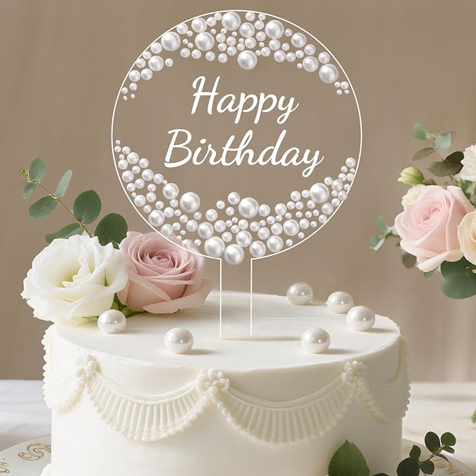 Coucoland Birthday Cake Topper - Round Acrylic Cake Decor with Elegant Pearls for Party Supplies
