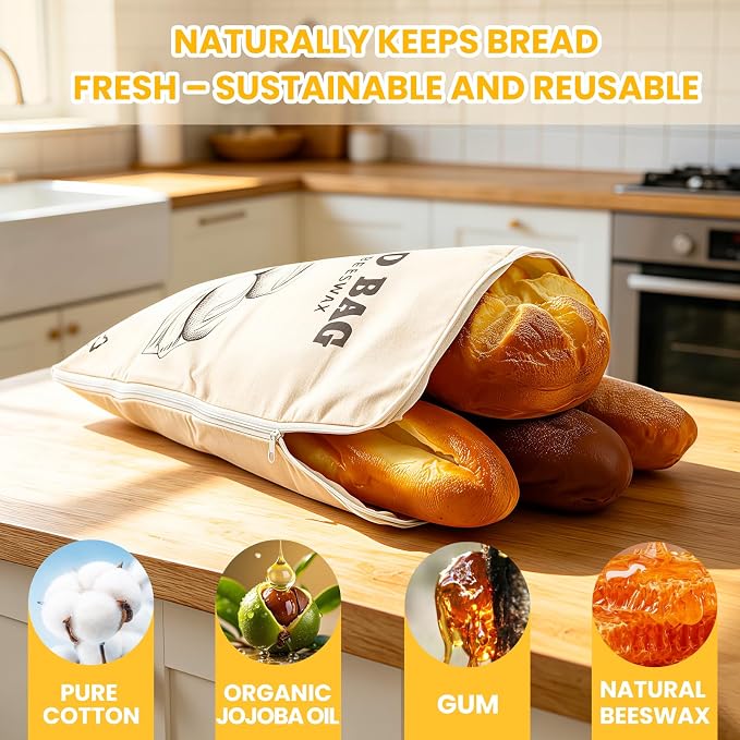 2 Pack Wide Zipper Access Beeswax Bread Bags for Sourdough Bread, Reusable Organic Linen Beeswax Bread Bag for Homemade Sourdough for Homemade Bag to Keep Fresh Longer (Beige-1)"