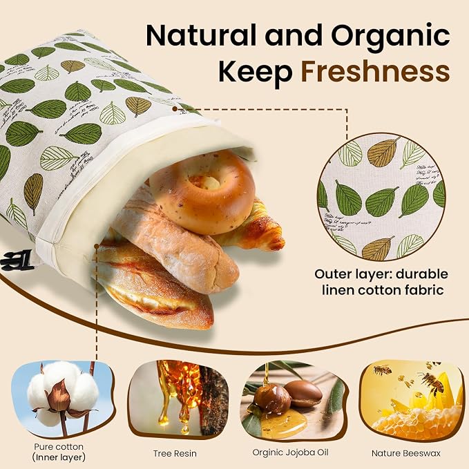 Beeswax Bread Bags for Homemade Sourdough – XL 2 Pack Organic Linen Cotton Reusable Bread Storage Bags with Airtight Zipper Lock, Keep Crusty Artisan Bread Fresh 48+ Hours,Zero Waste Kitchen Essential