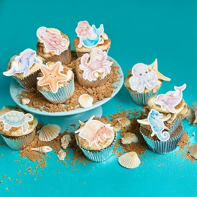 Gyufise 60Pcs Edible Mermaid Cupcake Toppers Octopus Seahorse Turtles Cupcake Picks Edible Under the Sea Party Decorations for Ocean Animal Theme Baby Shower Birthday Party Cake Decoration Supplies