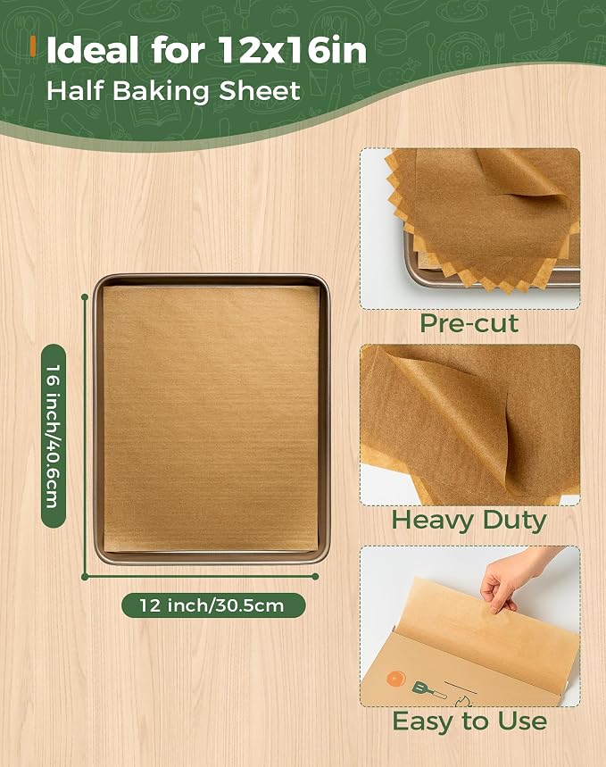 12x16 Parchment Paper Sheets – 80 Precut, Unbleached, Non-Stick Sheets for Half Baking Sheet, Flat-Packed (No Folds/Creases) & Oven Safe, Gift Box for Baking, Air Fryer & Microwave