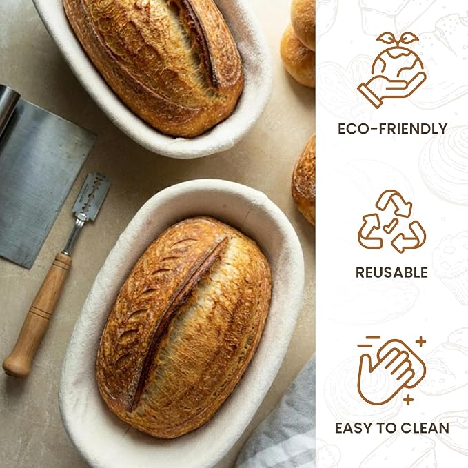 ANHVU HANDICRAFTS Banneton Proofing Basket Set of 2 - Oval 10" x 6" x 3.1" Natural Rattan Dough Rising Baskets with Washable Linen Liners for Artisan Sourdough and Homemade Bread Baking