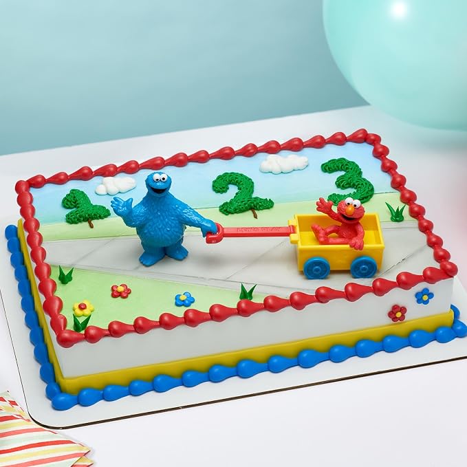 DecoSet® Sesame Street® Let's Play Cake Topper, 2-Piece Birthday Cake Decoration with Cookie Monster and Elmo in a Free-Wheeling Wagon, Ready to Use, Food Safe