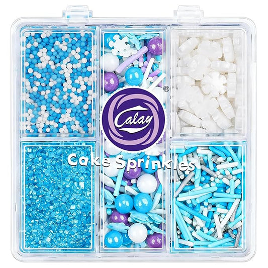 Winter Frozen Snowflake Sprinkles for Cake Decorating 5 oz, Christmas & Holiday Blue and White Sprinkles Edible Jimmies Nonpareils and Sanding Sugar for Cookies, Baking, Cakes, Cupcakes Desserts Decorating
