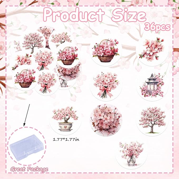 36PCS Edible Cherry Blossoms Cupcake Toppers Japan Edible Cherry Flowers Bouquet Cake Picks Wafer Paper Cherry Cupcake Decors for Cherry Theme Party Cake Supplies (Pink Cherry Blossoms)