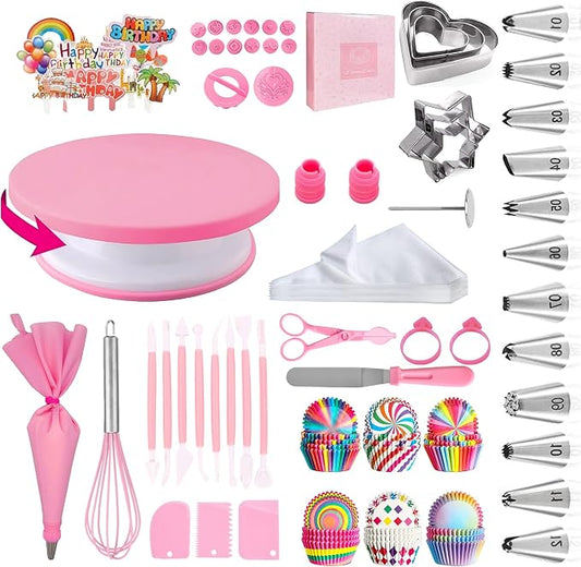 Cake Decorating Supplies Kit Tools 255pcs, Cake Decorating Set with Cake Turntable, 12 Numbered Icing Piping Tips, Cookie Cutters, Icing Smoother & Other Accessories for Cake Decoration (255, Pink)