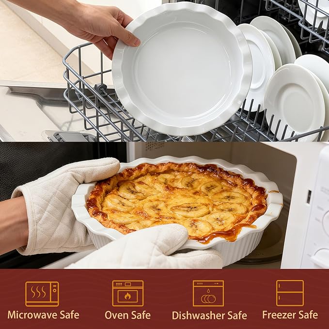 WishDeco Pie Pan for Baking Set of 2, Ceramic Baking Pan 9 inch, Deep Round Pie Dish 50 oz, Pie Plate with Fluted Rim, Porcelain Baking Dish for Apple Pie, Quiche, Tart, Cake Oven & Microwave Safe