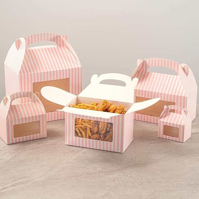 Bio Tek 8.5 x 4.8 x 5.5 Inch Gable Boxes For Party Favors, 25 Attractive Gift Boxes - Striped Design, With Clear PET Window, Pink And White Paper Barn Boxes, Built-In Handle