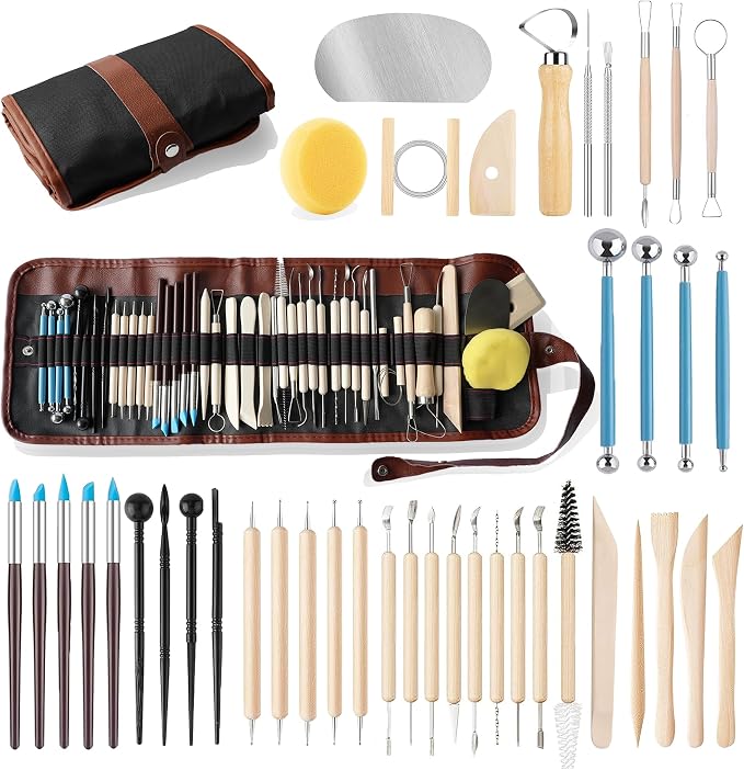 CeeVian 43PCS Clay Sculpting Tools Kit, Pottery Tools Set with Stainless Steel & Wooden Clay Carving Tools, Ball Stylus, Rubber Tip Shapers, Sponge & Storage Bag for Ceramic, Polymer Clay, Sculpting