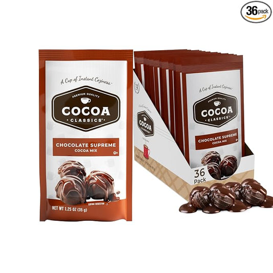 Cocoa Classics Chocolate Supreme Cocoa Mix, Hot or Iced, 1.25oz, 36 Pack | Chocolate Supreme cocoa mix with rich, bold chocolate flavor; just add water for creamy hot or iced cocoa with smooth taste