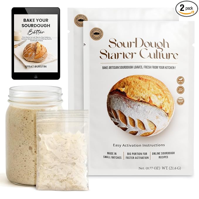 ERNEY Dehydrated Sourdough Starter for Bread Making - Perfect Rise Organic Sourdough Bread Flour with Instruction - Versatile Homemade Pastry Flour Perfect for Artisan Loaf Pizza Muffins - 2 pack