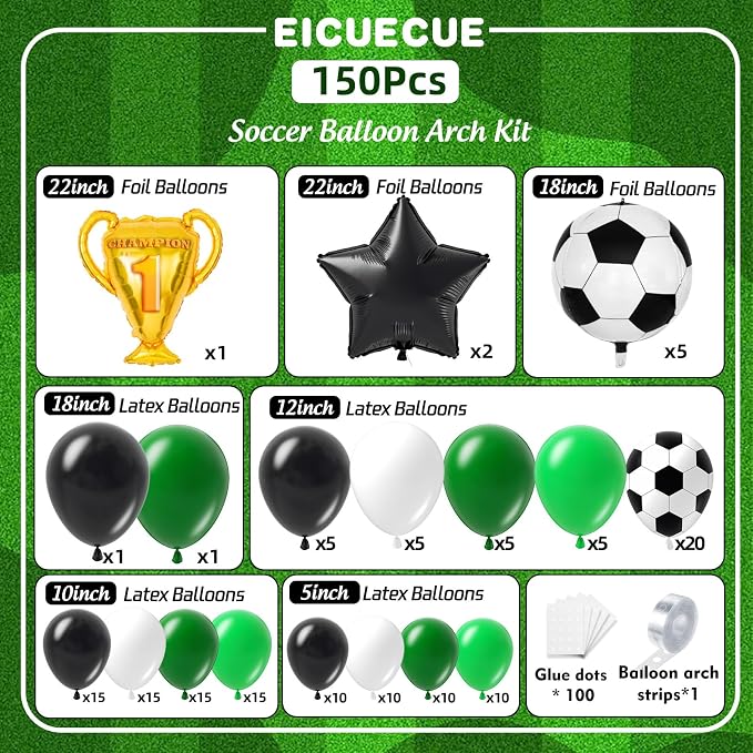 Soccer Balloons Garland Arch Kit 150Pcs - Black and White Dark Green Balloon and Trophy 18 inch Soccer Foil Balloons for 2026 World Football Sports Theme Birthday Anniversary Party Decoration