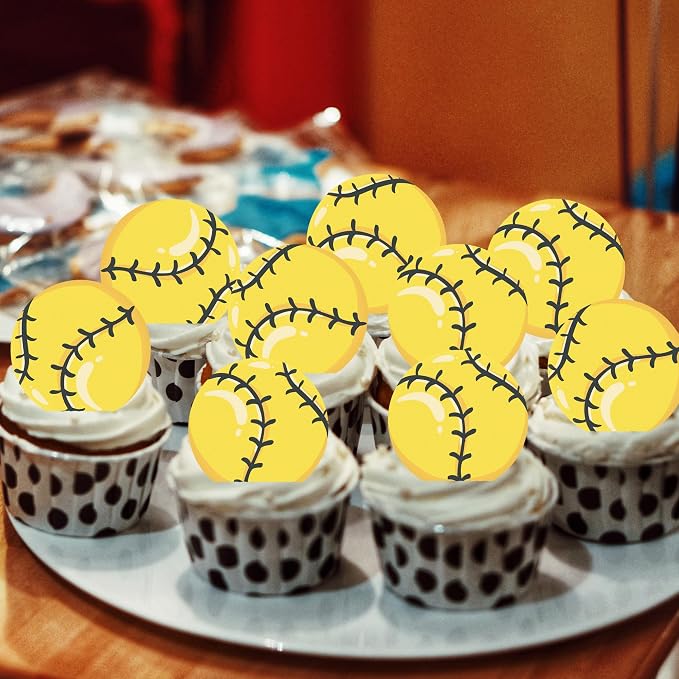 48pcs Edible Sports Cupcake Toppers Edible Basketball Soccer Baseball Tennis Rugby Cake Decorations for Sports Ball Game Theme Baby Shower Birthday Party Cake Decorations Supplies (softball)